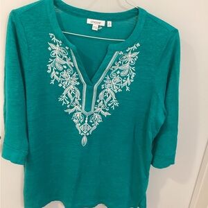 Chico's Turquoise Top with White Embroidery